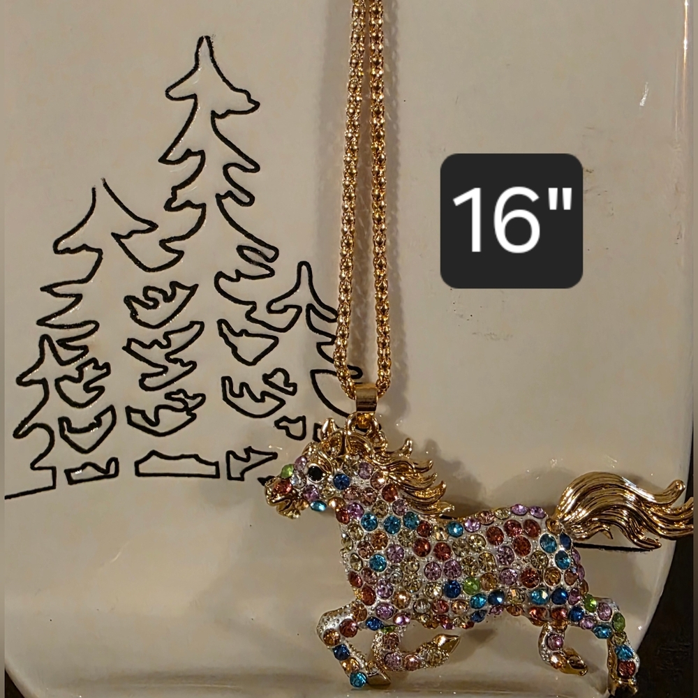 BETSY JOHNSON Multicolor Crystal Horse Pendant Necklace